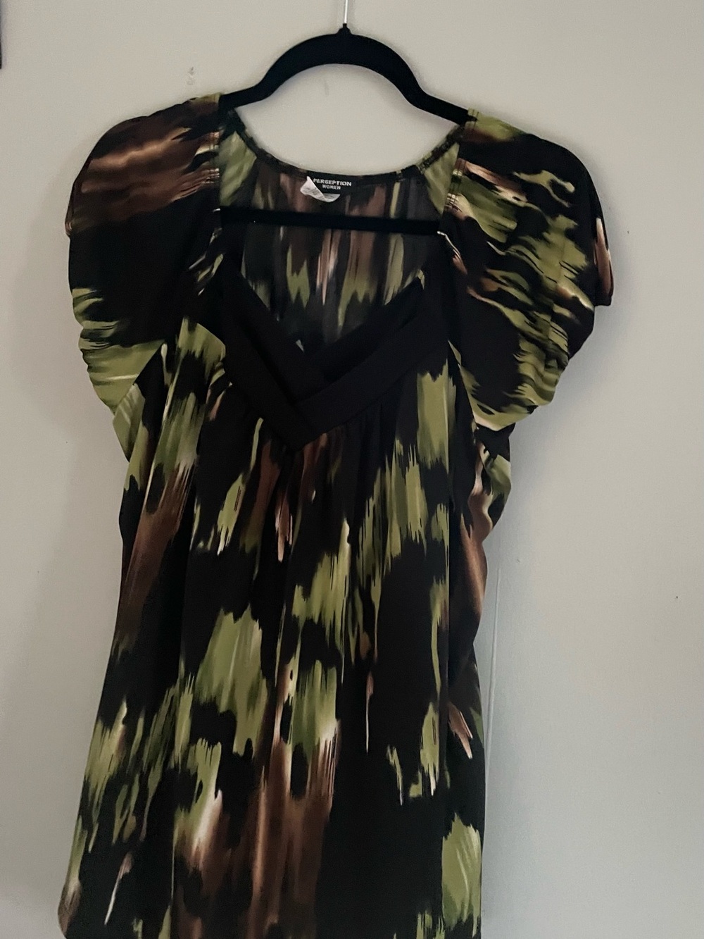Perseption Olive Green and Black V-Neck Flutter Sleeve Blouse
